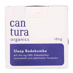 Die Vorderseite einer Cantura CBD Badebomben Verpackung Variante Sleep