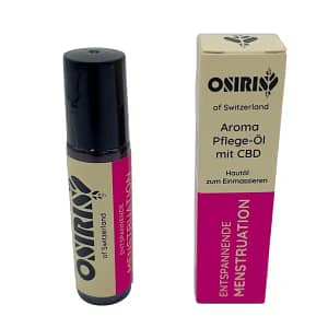Osiris Menstruation CBD Aromapflegeöl Vorderseite Verpackung und Sachets.