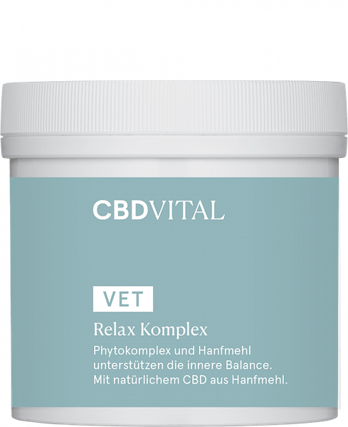 Die Frontseite einer Dose CBD Vital VET Relax Komplex für Tiere