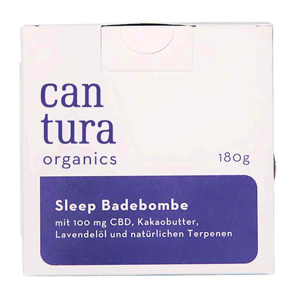 Die Vorderseite einer Cantura CBD Badebomben Verpackung Variante Sleep