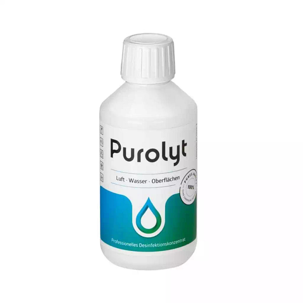 Eine Flasche Purolyt Desinfektionsmittel 250 ml Frontansicht auf das Etikett.